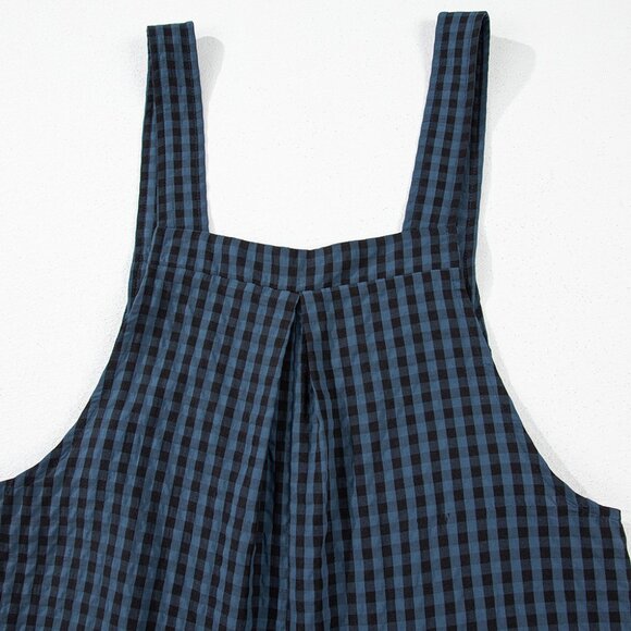 B243 Sail Blue Plaid Print Buttoned Pocketed High Waist Overall - Picture 11 of 16